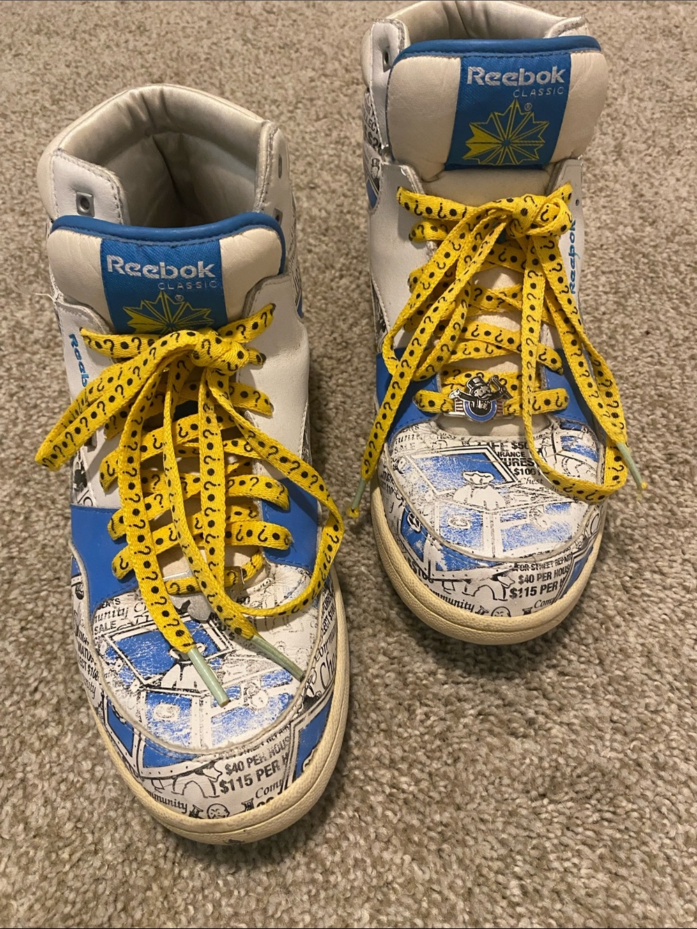 Reebok Monopoly High-Top Sneakers in White, Blue & Yellow